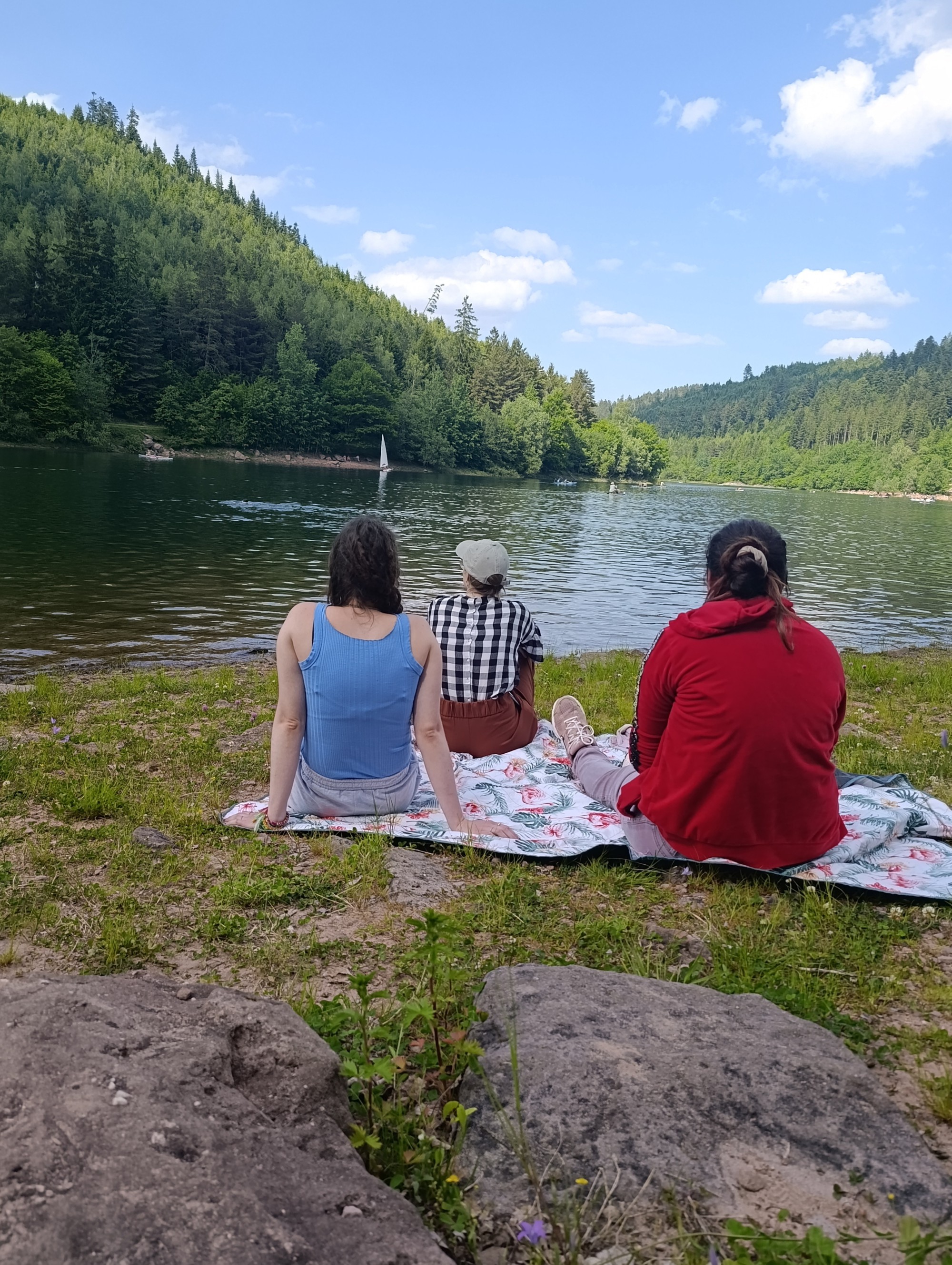 Bewohner/innen auf Picknickdecke am See