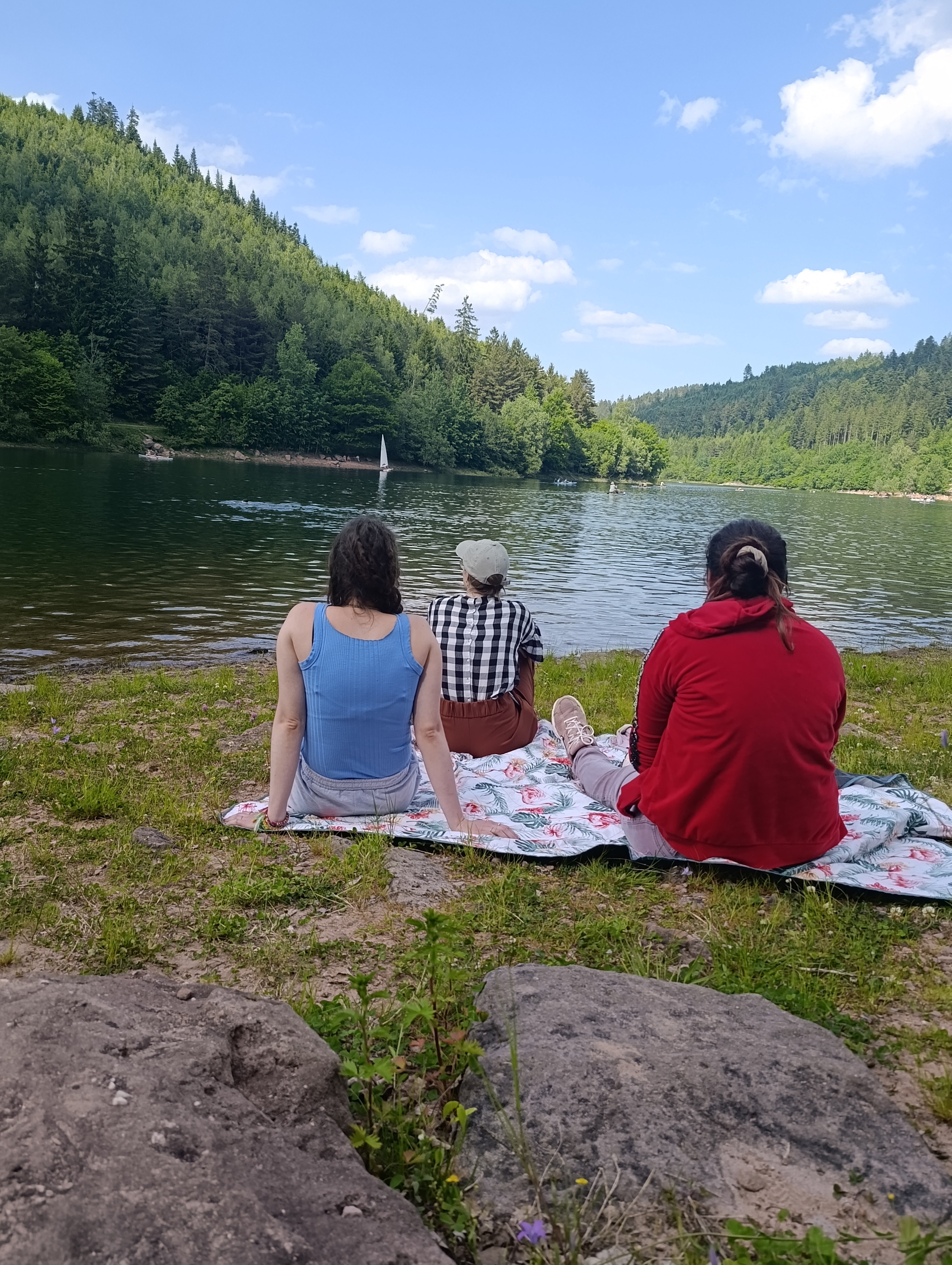 Bewohner/innen auf Picknickdecke am See